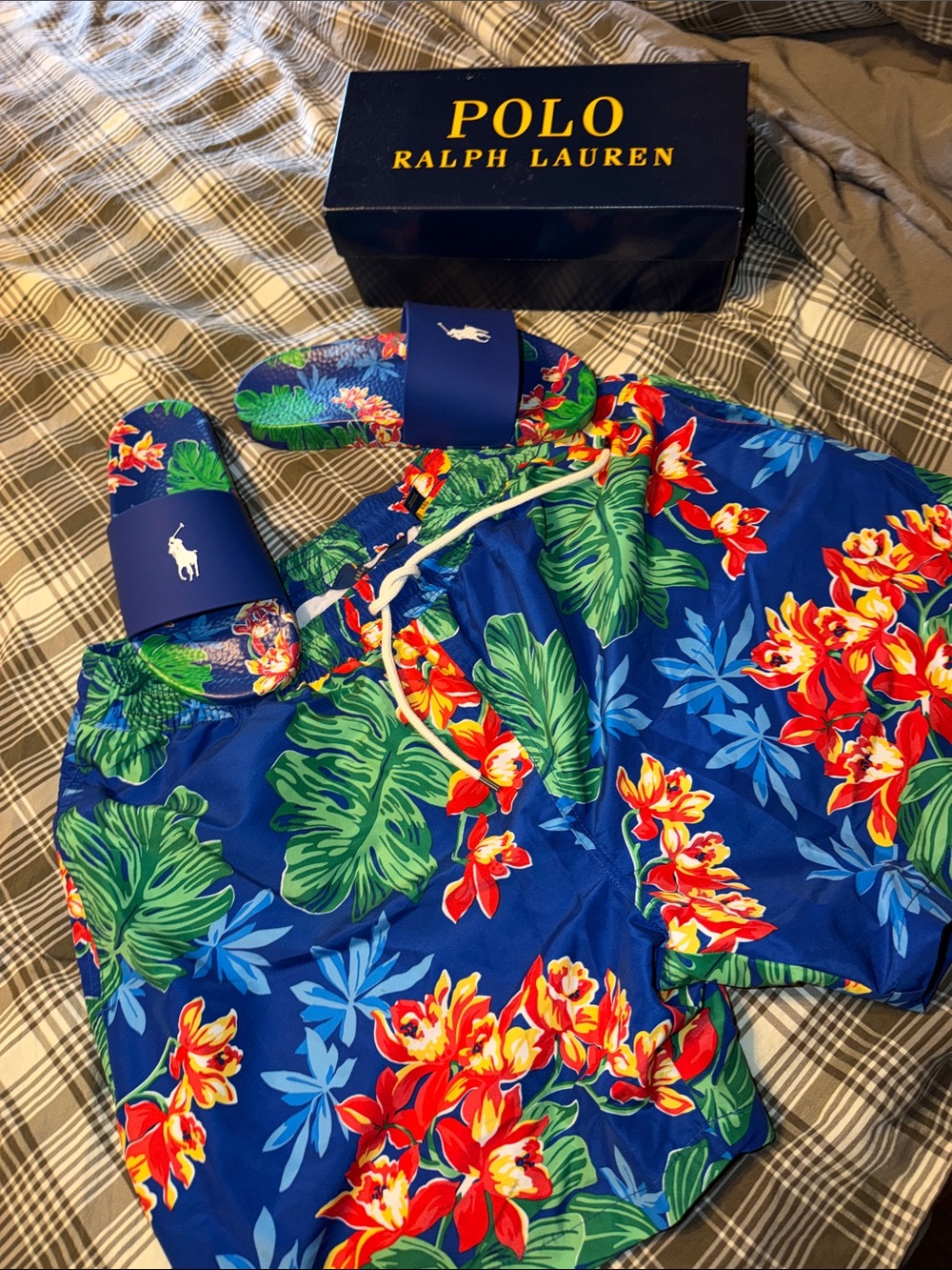 Polo Ralph Lauren Blue Tropical Swim Trunks and slippers  sz 9